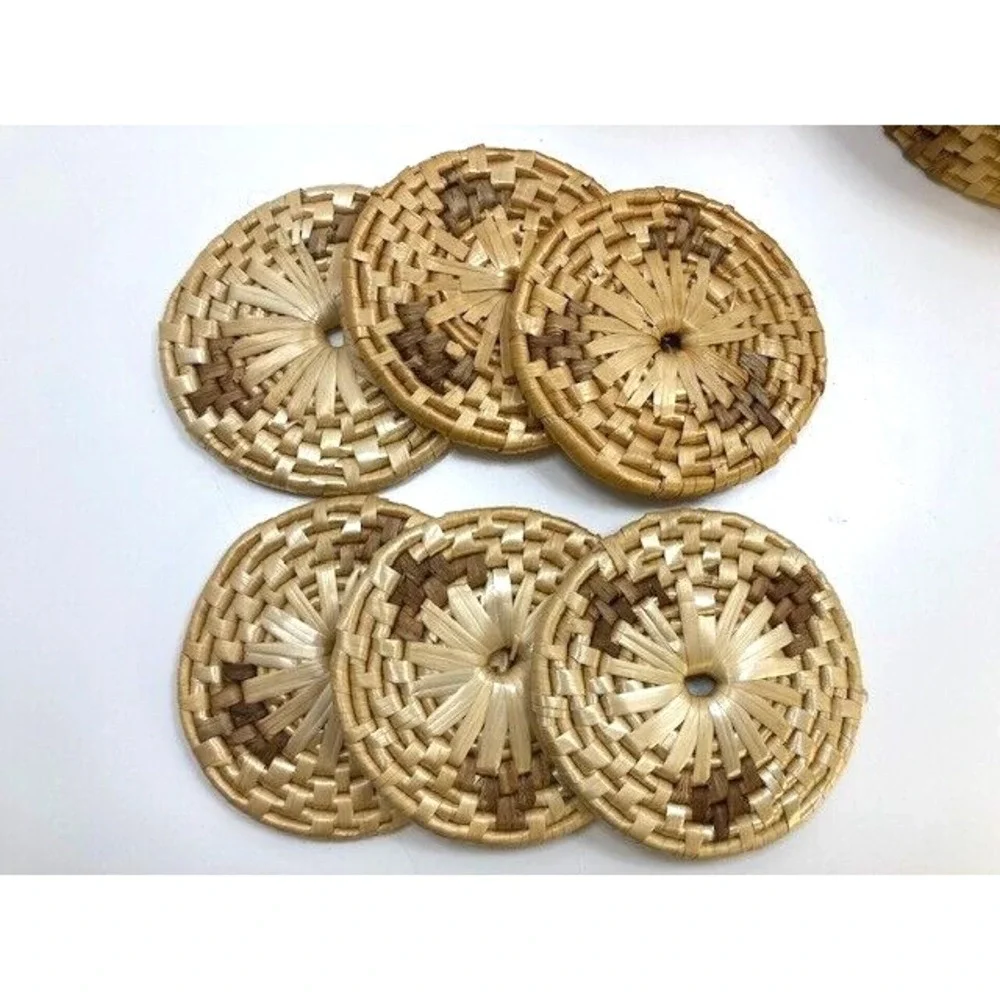 Vintage Set of 6 Straw Grass Coasters Natural In Boho Hand Woven Basket With Lid